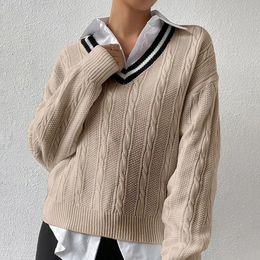 Khaki Casual Women's Striped Trim Drop Shoulder Cable Knit Sweater